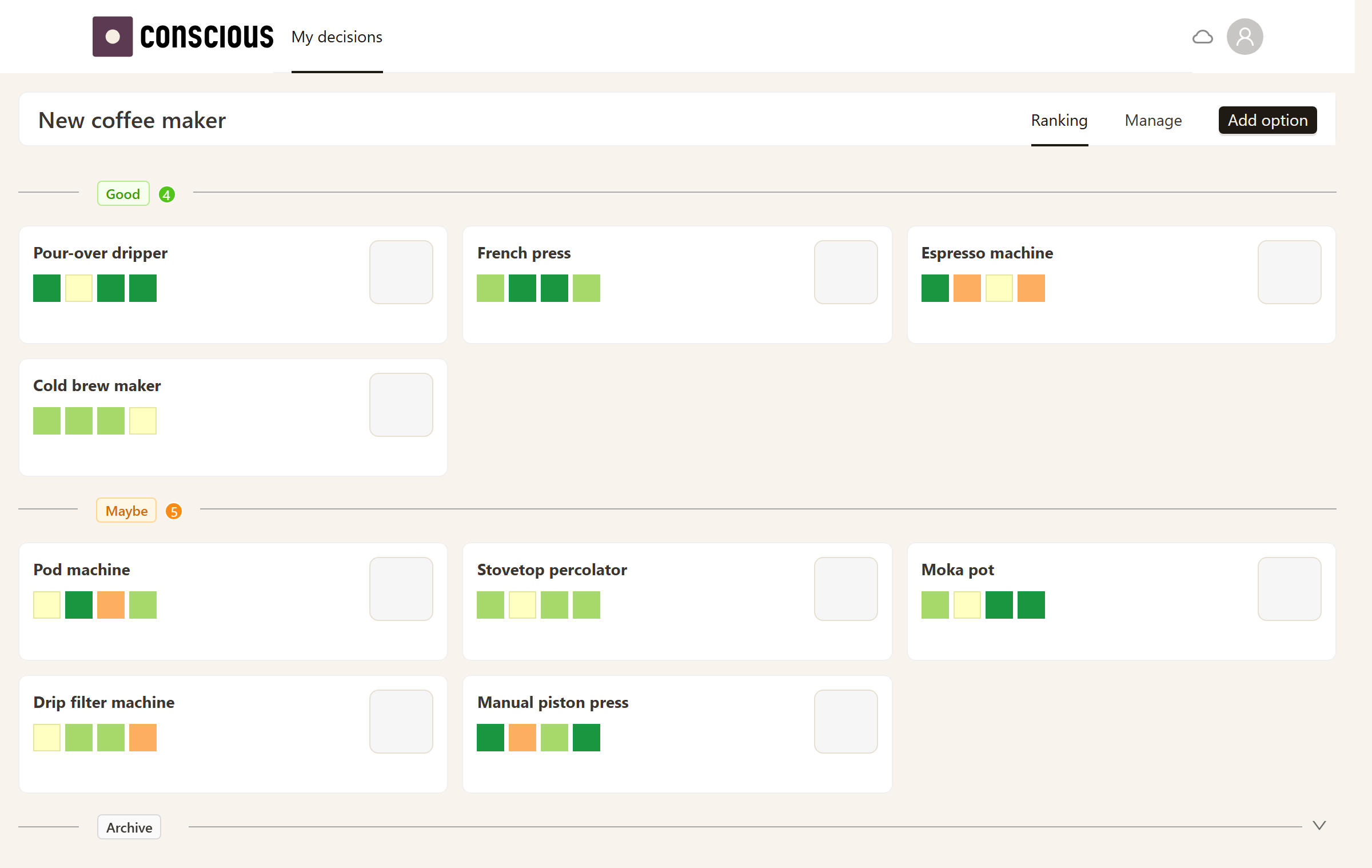 The Conscious app ranking view for a coffee-maker decision: uniform option cards grouped into Good and Maybe tiers, each showing a row of coloured rating squares.