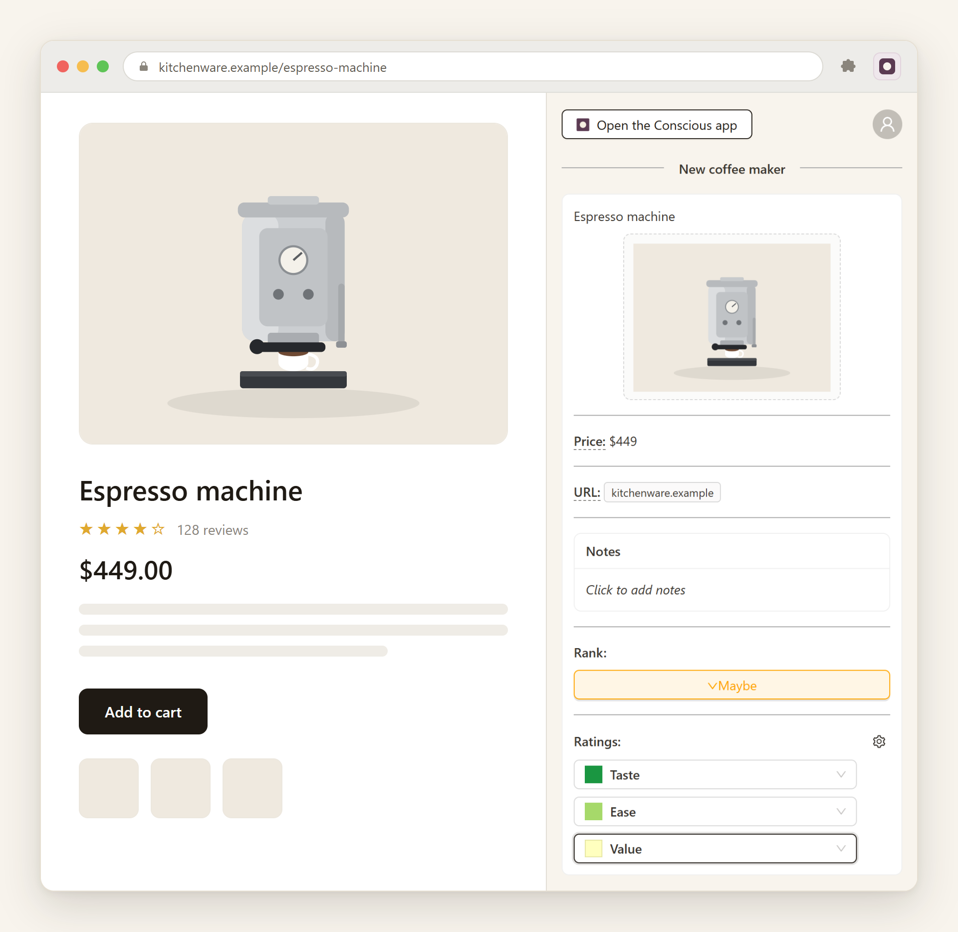 A browser window showing a store page for an espresso machine on the left, with the Conscious side panel docked on the right — the captured option carries the same photo, price, link, and coloured rating squares.